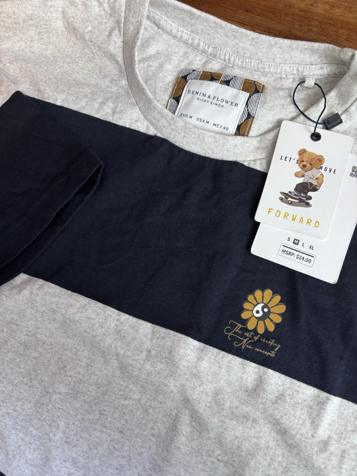 Denim & Flower Ricky Singh T-Shirt Men Medium Gray Black Striped Yin Yang Flower gallery