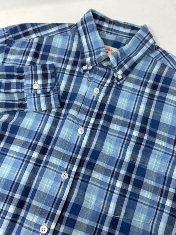 Brooks Brothers Red Fleece Mens Sz S Blue Plaid Linen Blend Long Sleeve Shirt X9