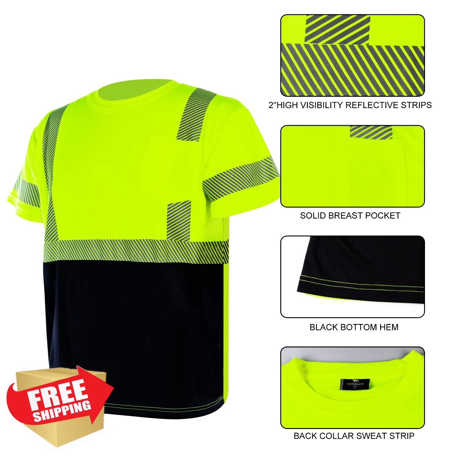 VENDACE Men's Hi Vis Reflective Safety Shirt ANSI Class 3 Yellow 2XL gallery