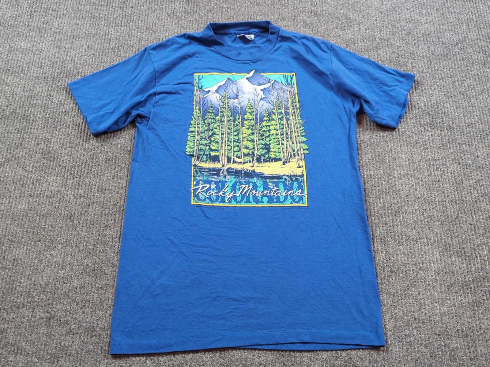 Vintage Rocky Mountains Shirt Mens Medium Blue 80s Short Sleeve Hanes Colorado