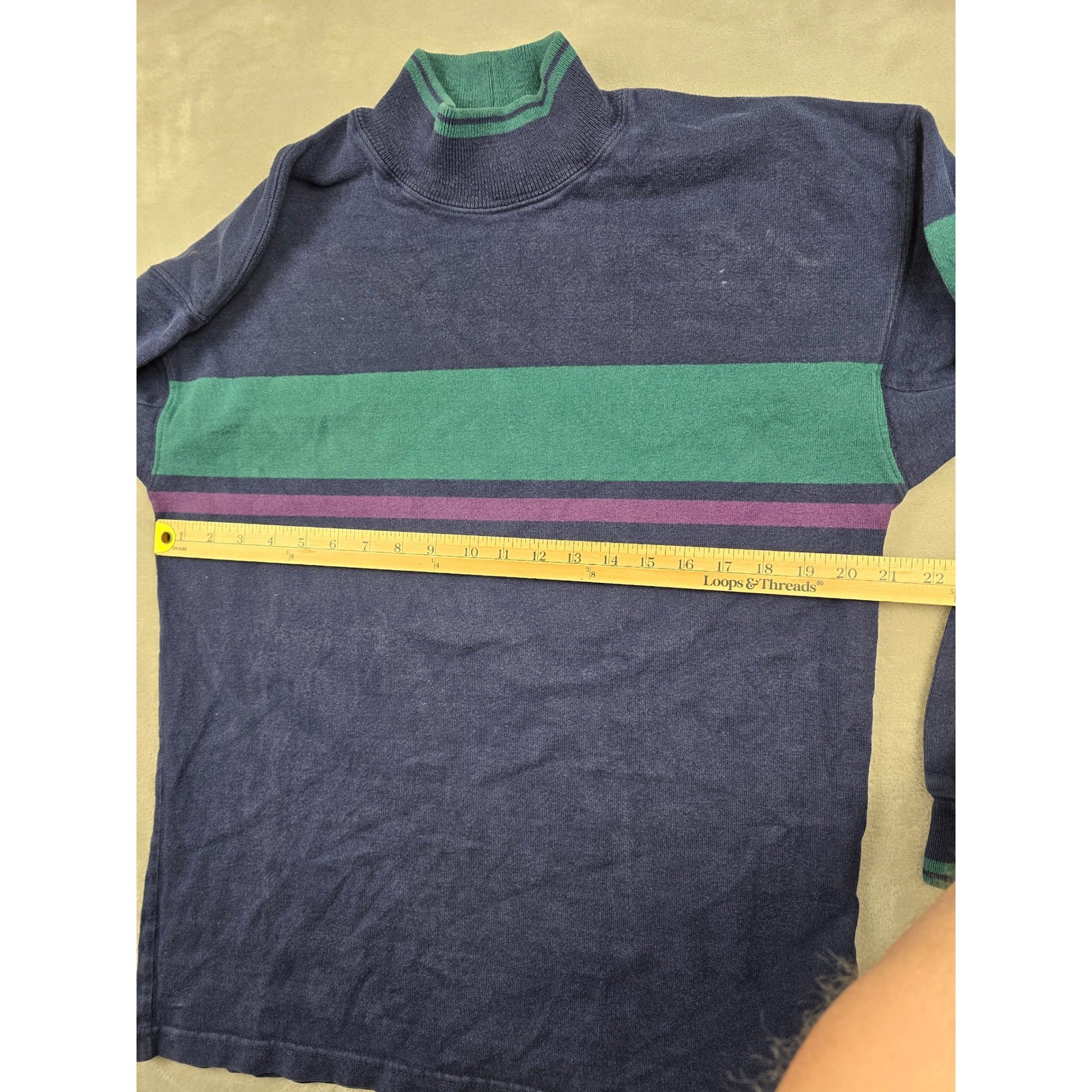 Vintage L.L. Bean Mock Neck Shirt Mens M Blue Striped Long Sleeve Made in USA gallery