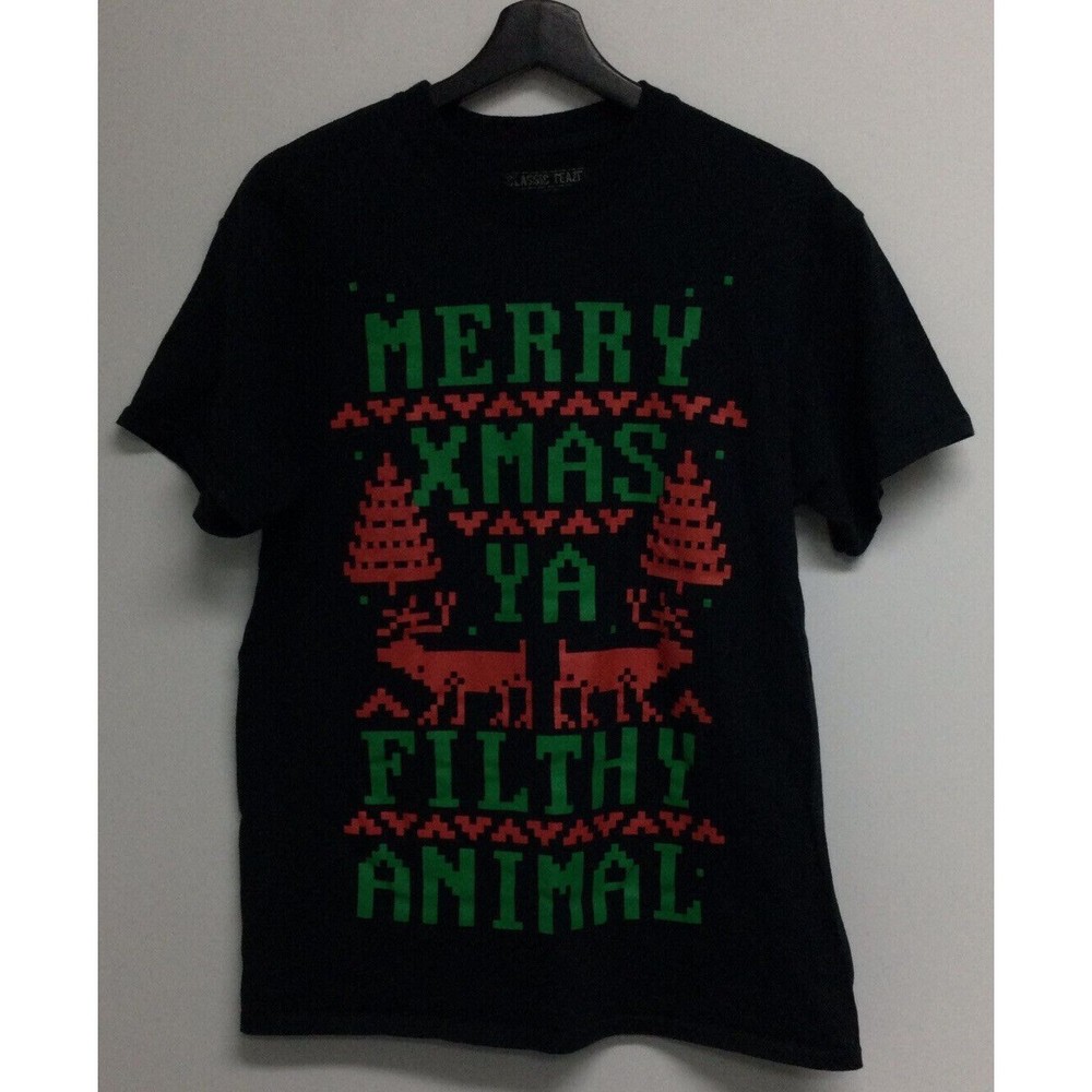 Classic Teaze Merry Xmas Ya Filthy Animal Mens T-shirt Black Size M Graphic Tee