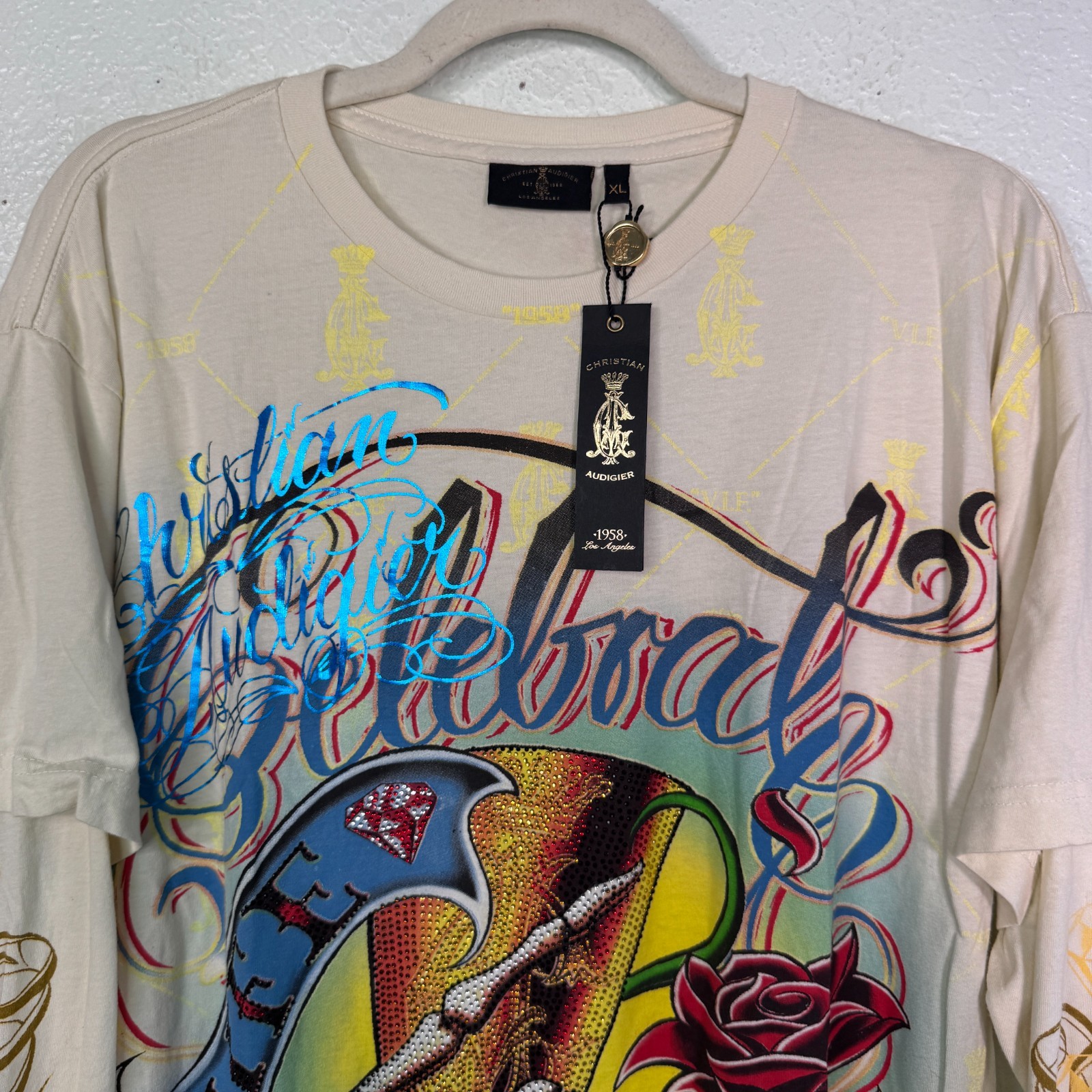 Christian Audigier Shirt Mens XL Celebrate Life 2fer Skull Rhinestone Y2K Tattoo gallery