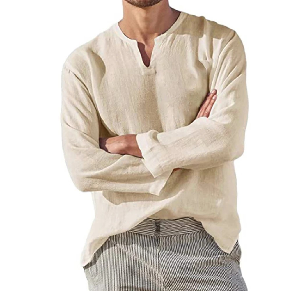 Breathable Cotton Linen Men's V-Neck Long Sleeve Casual Summer Shirt Top Premium gallery