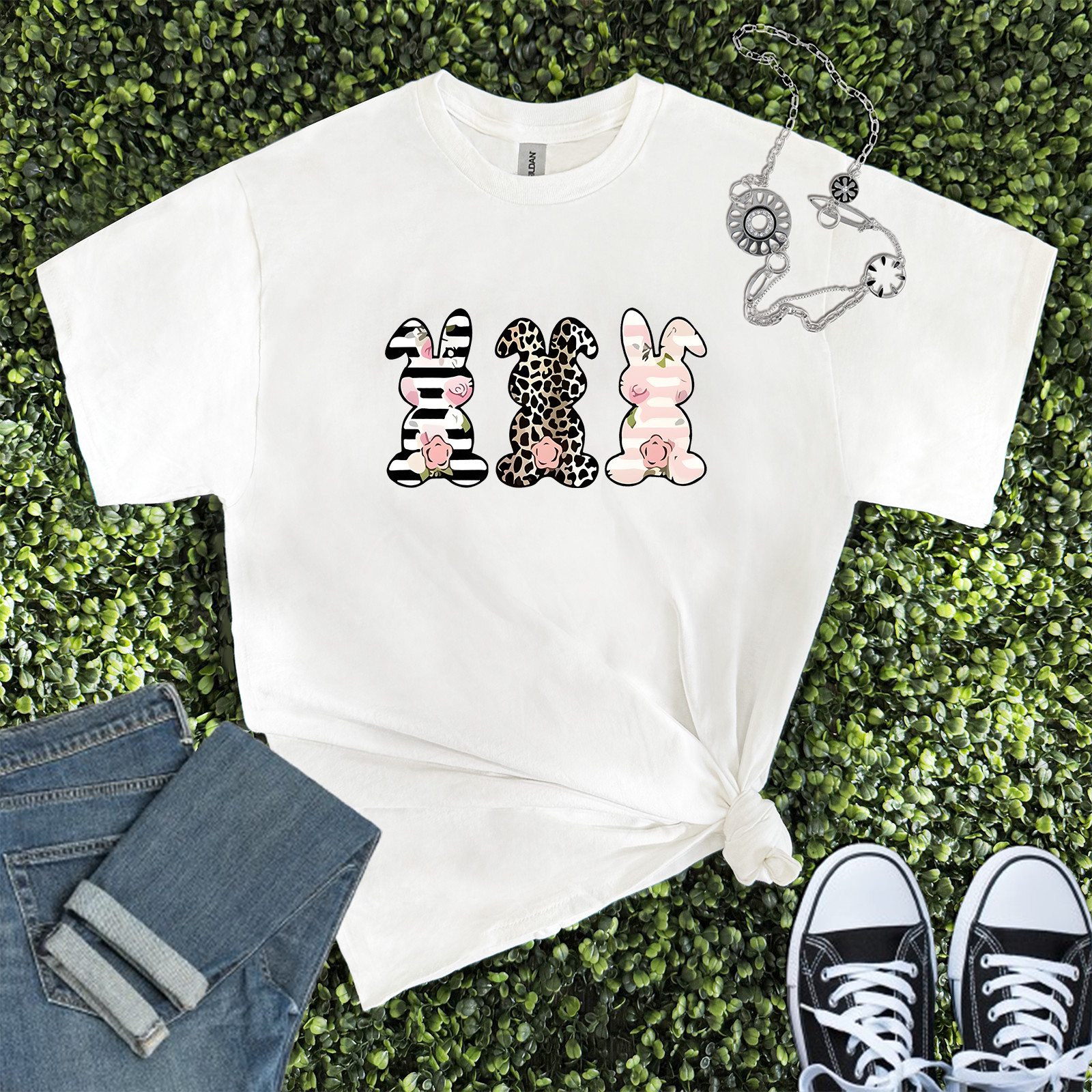 Easter Bunny Flower Tee Unisex Colorful T-Shirt Women, Men Graphic Easter Tee gallery