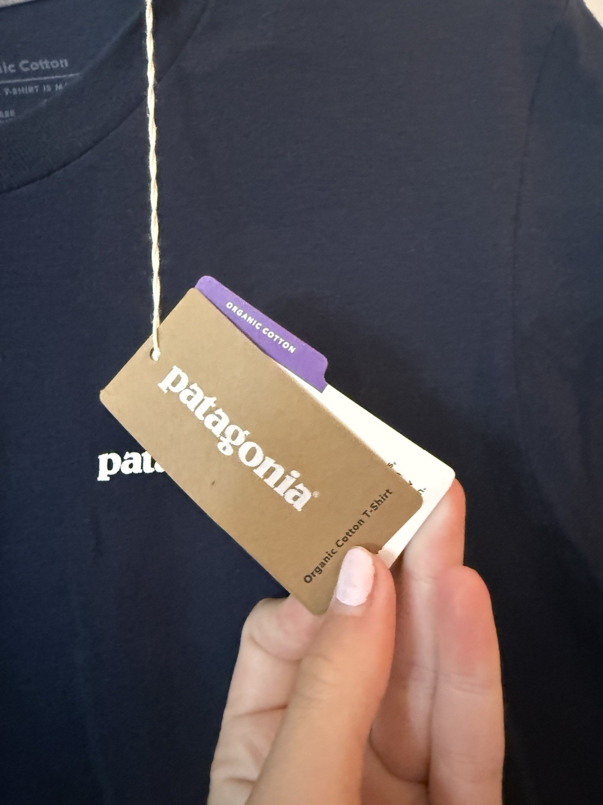 Patagonia T-shirt Mens Medium Blue Organic Cotton big Logo Graphic Crew Neck gallery