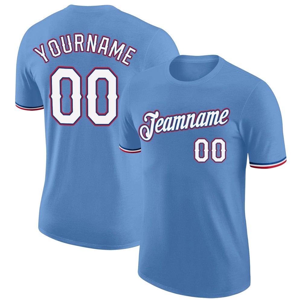 Custom Light Blue White Red Performance T-Shirt Mens Sport Baseball Graphic