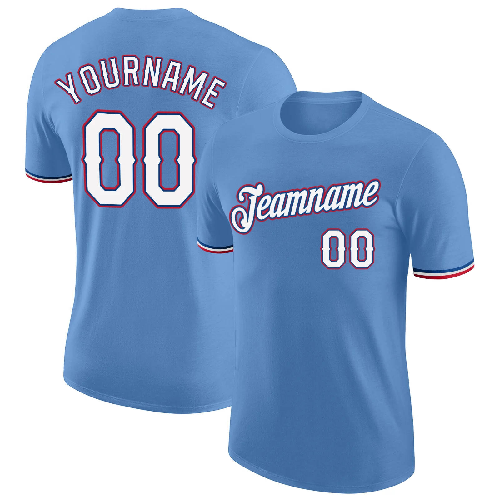 Custom Light Blue White Red Performance T-Shirt Mens Sport Baseball Graphic