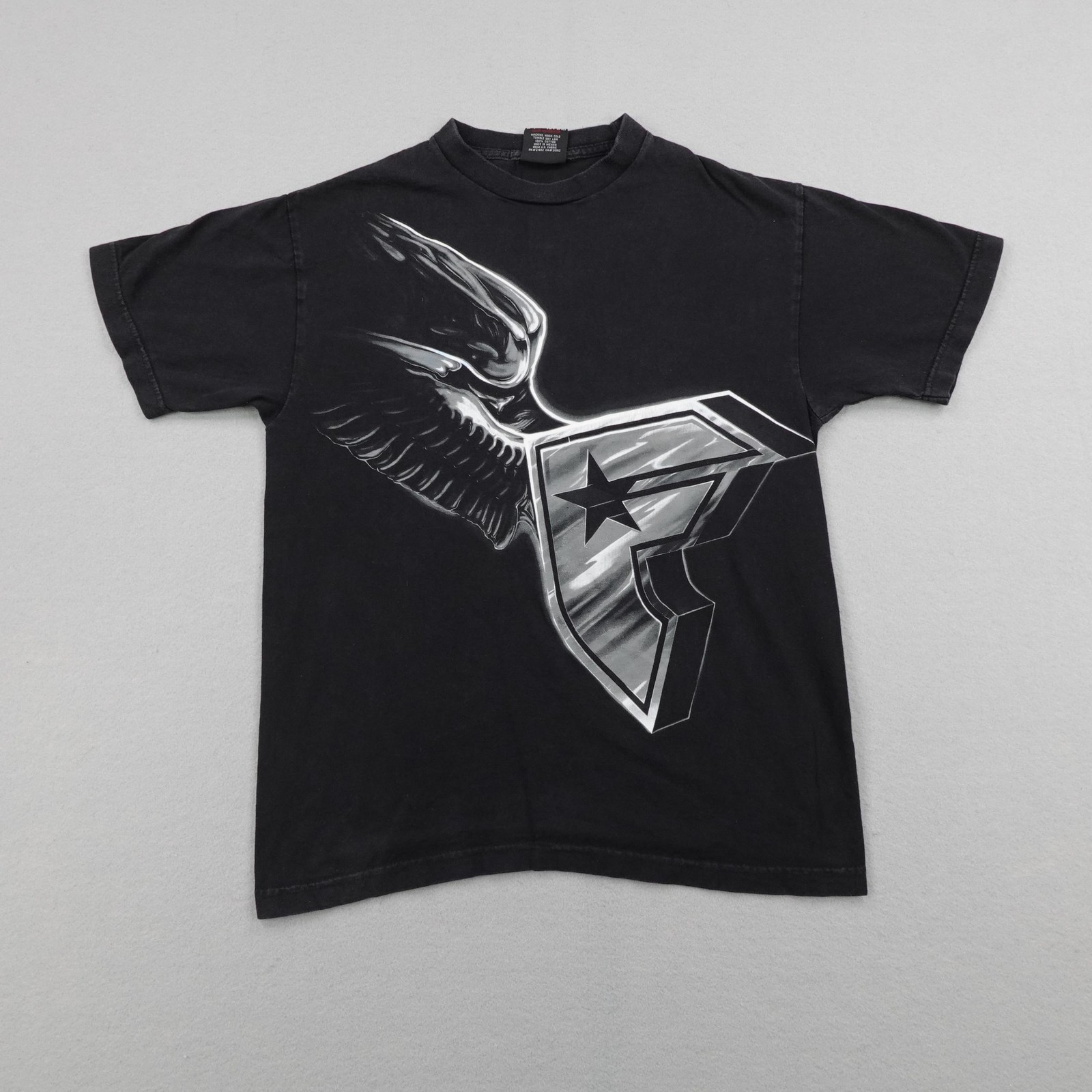 Vintage Famous Stars & Straps Shirt Mens Medium Black Silver Wings Big Logo Y2K