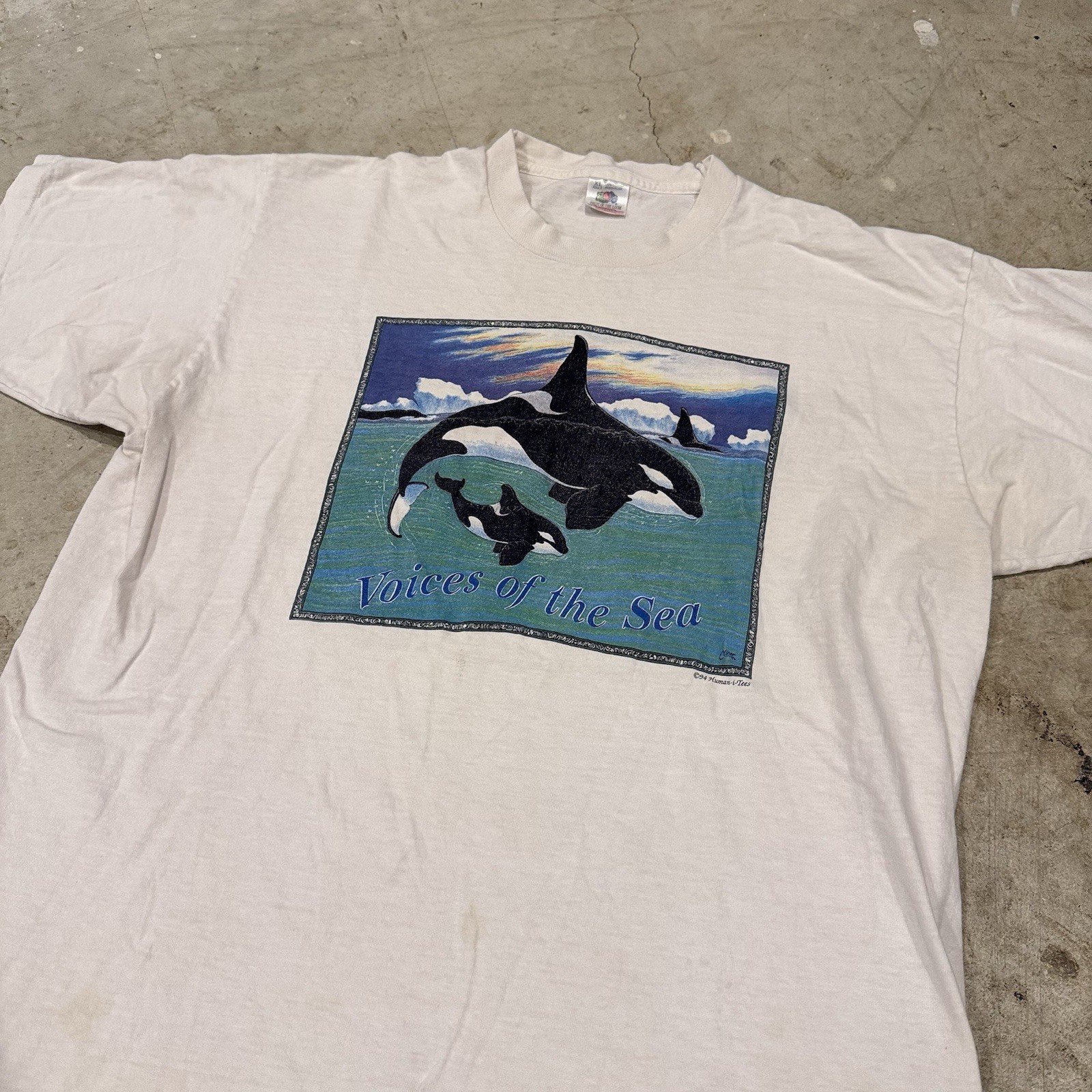 VTG Voices of the Sea Shirt Mens XL White Orca Whale Graphic Ocean 90s *STAINS