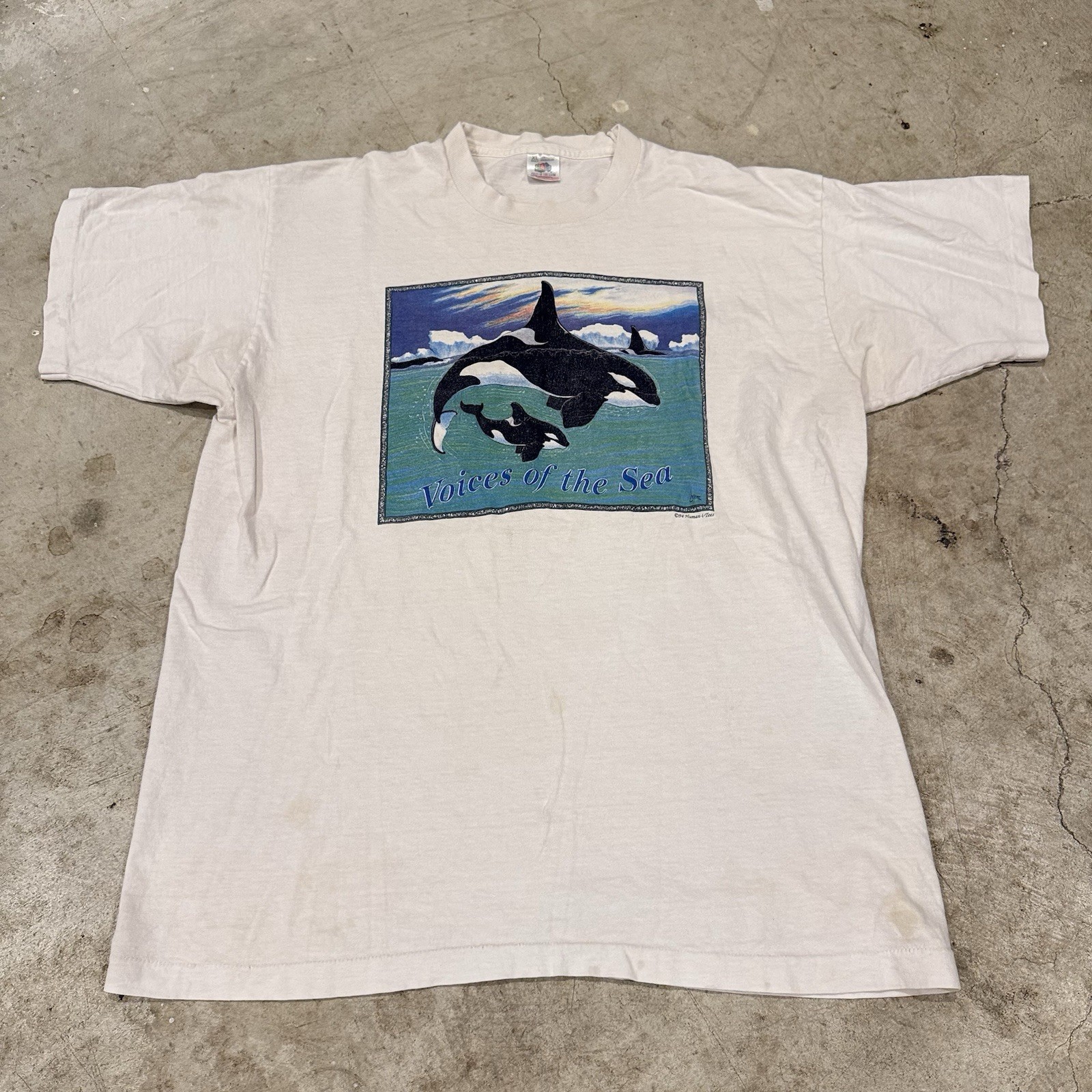 VTG Voices of the Sea Shirt Mens XL White Orca Whale Graphic Ocean 90s *STAINS gallery