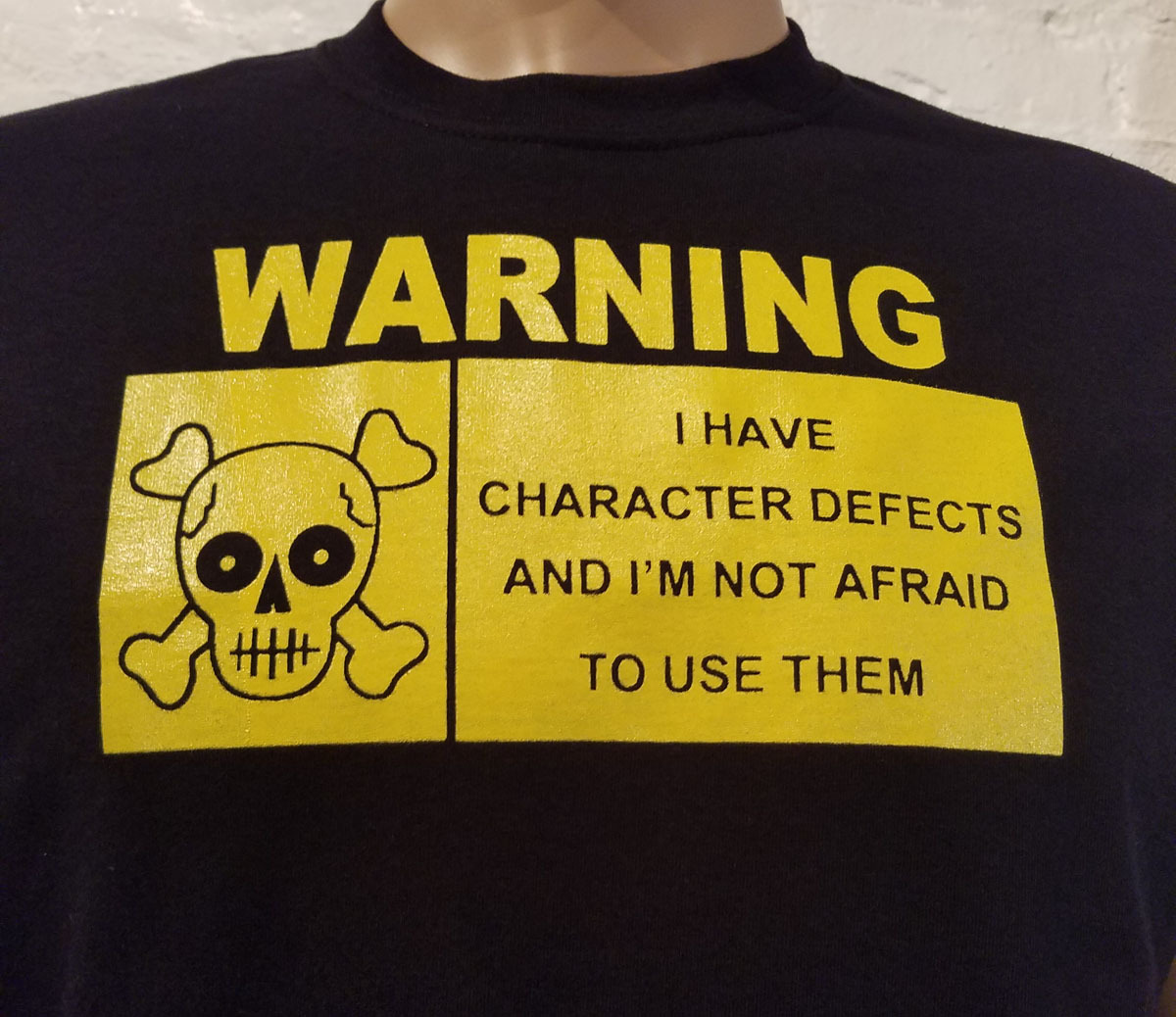 Alcoholics Anonymous - AA - WARNING I Have Defect - BLACK T-Shirt w/ YELLOW Ink gallery