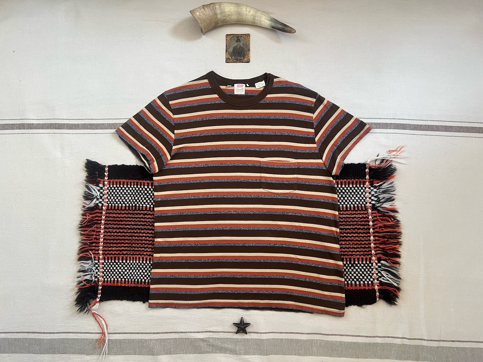 Levis LVC T-Shirt L Stripe 60s Casuals Brown Grey Vintage Clothing Single Stitch gallery