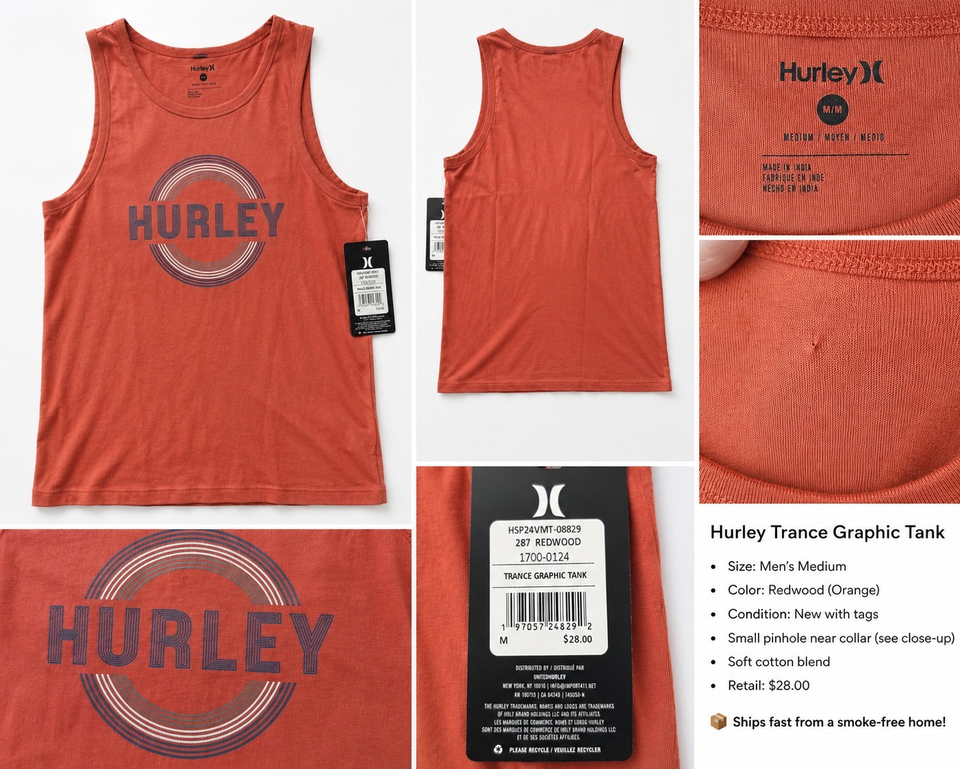 Hurley Trance Graphic Tank Men’s M Orange Cotton Jersey Logo Crew Neck gallery