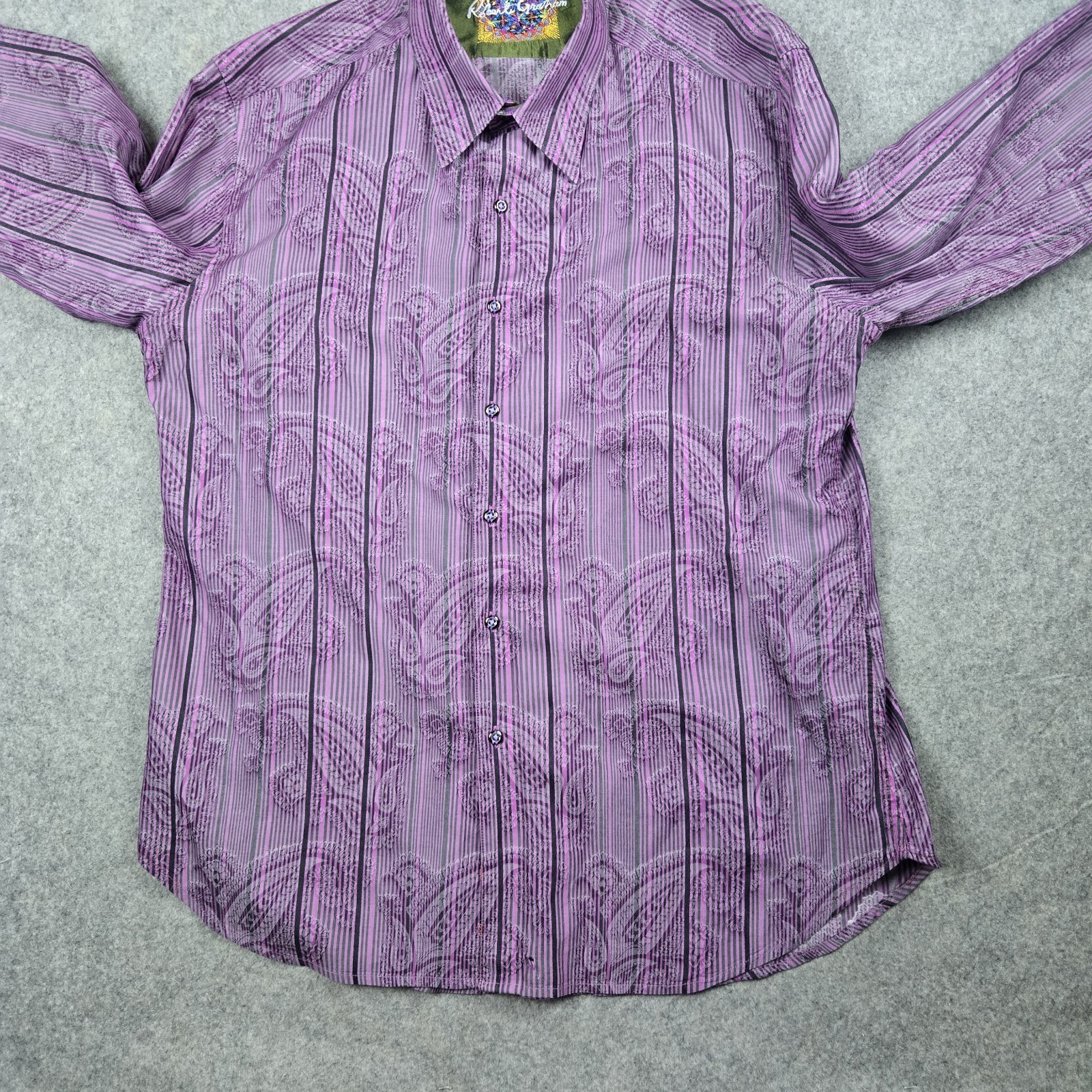 Robert Graham Button Up Shirt Mens 2XL Purple Paisley Floral Flip Cuff Preppy gallery