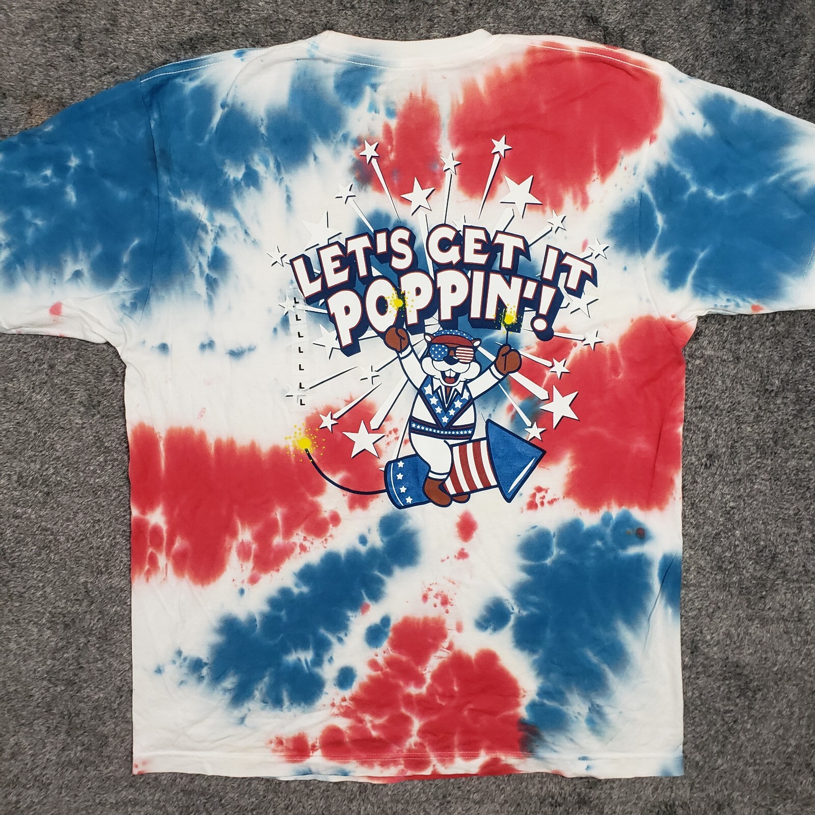 Bucees T-Shirt Large Tie Dye 4th of July Let's Get Poppin Red White Blue USA gallery
