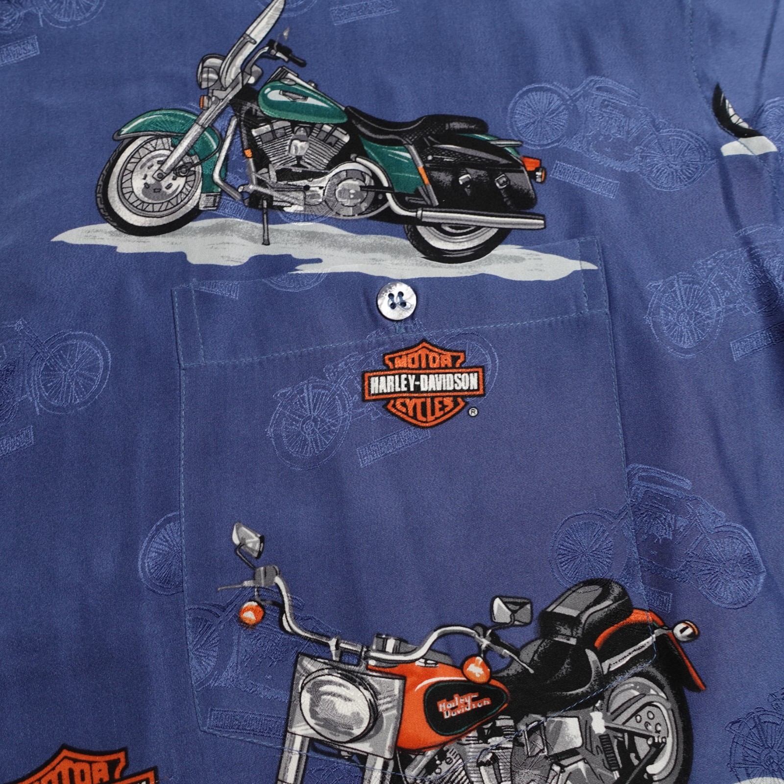 Vintage Harley Davison biker Hawaiian all over print button up Shirt 2XL Silk gallery