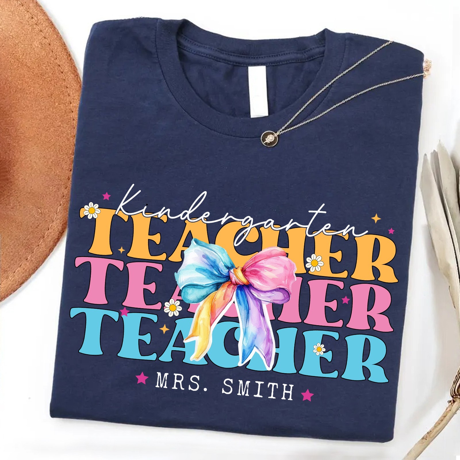 Personalized Kindergarten Teacher Shirt Custom Name Bow Back to School Gift Tee gallery