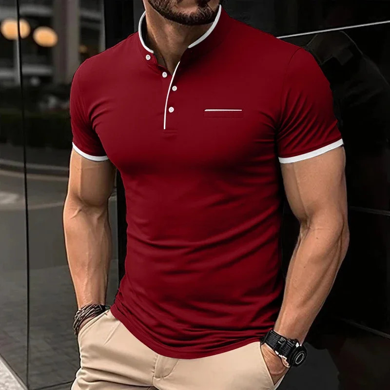 2025 New Men's Casual and Fashionable Solid Color Short Sleeved Stand Up Collar gallery