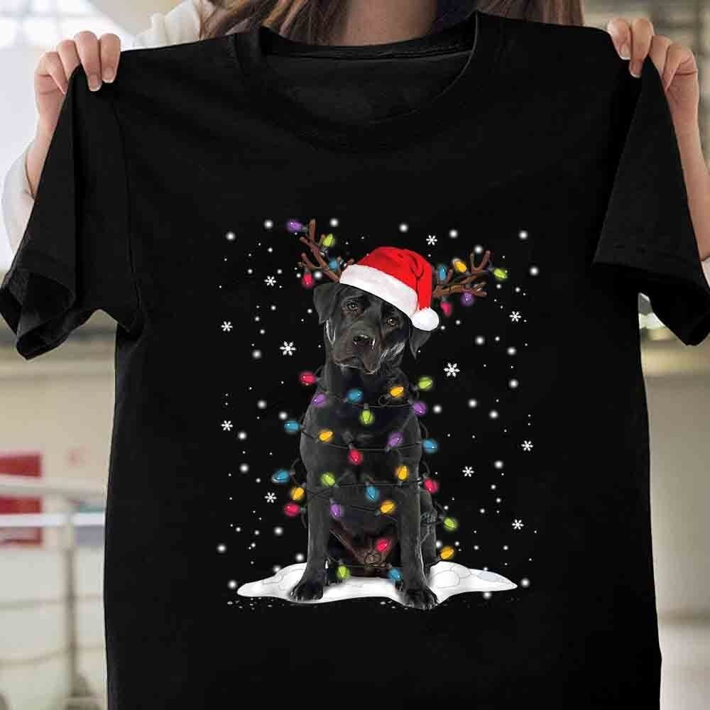 Black Christmas Tree Light Dog Xmas Gift T Shirt S-4XL