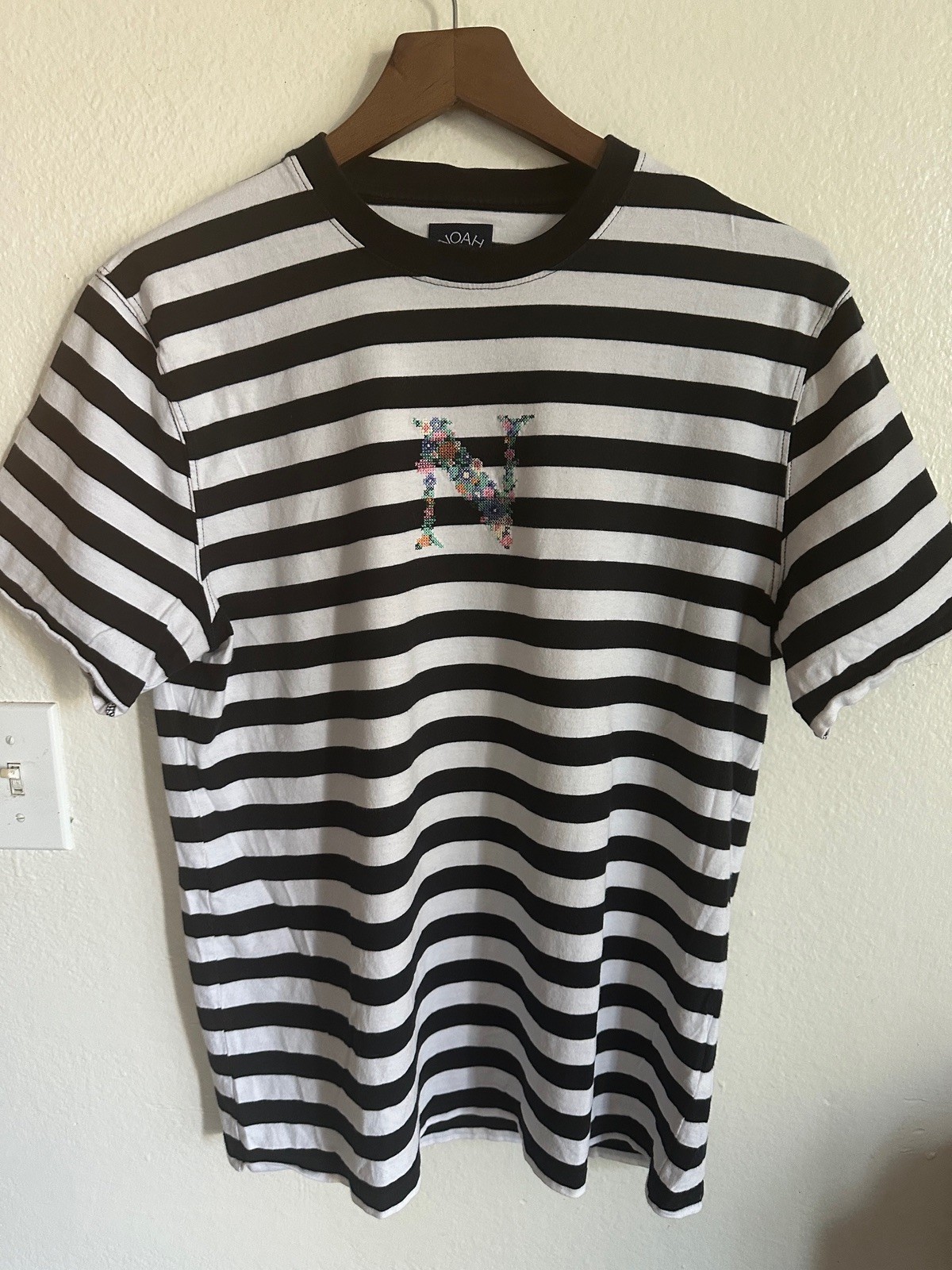 Noah NYC Floral Cross Stitch Embroidered N Striped T Shirt Black White Men M gallery