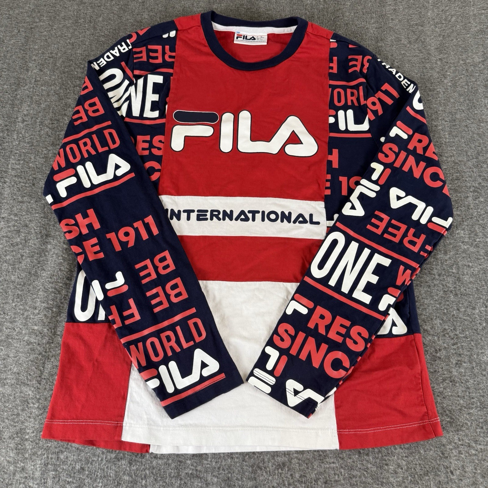 FILA International Logo Long Sleeve Shirt Red White Blue Men’s L (fits like a M)