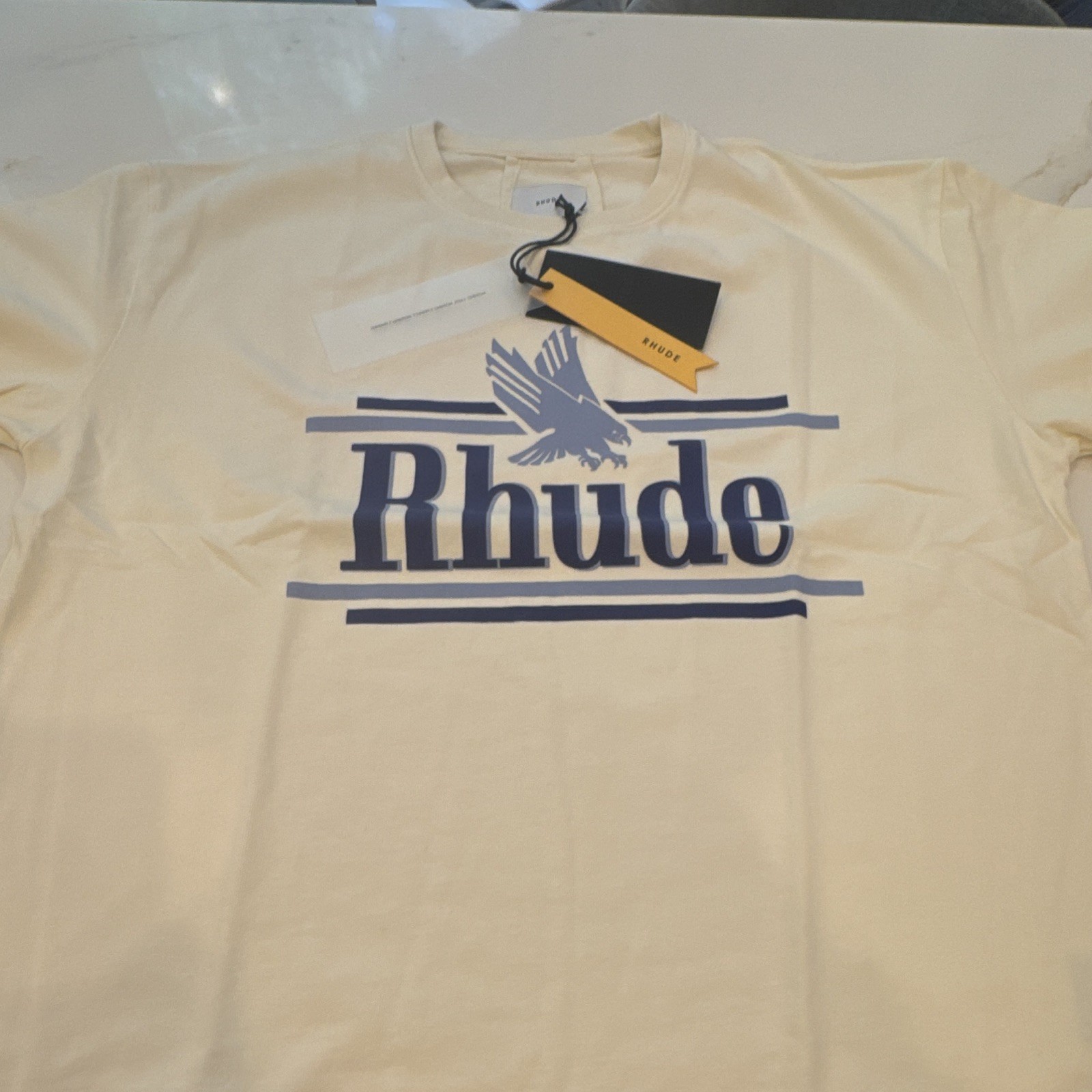 RHUDE Rossa Tee Men's M White/Blue Cotton Graphic Logo Crew Neck T-Shirt gallery