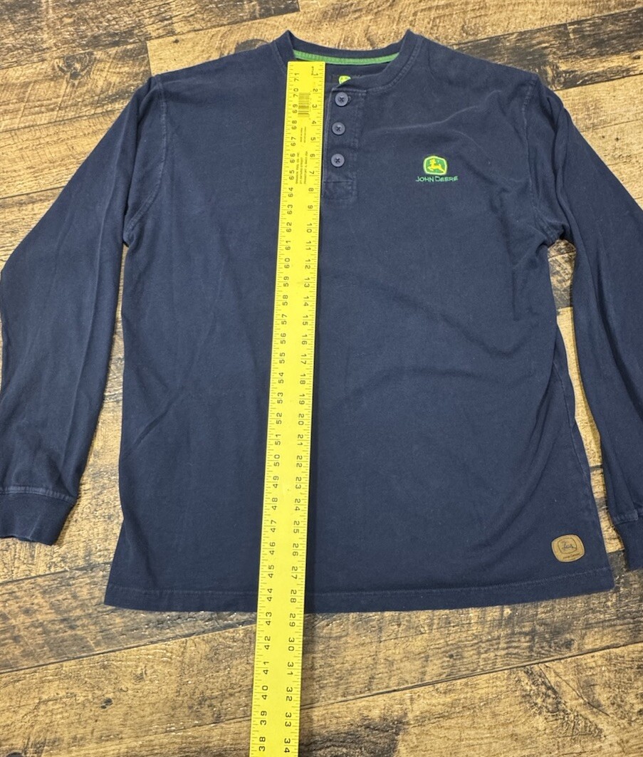 JOHN DEERE Leather Logo Long Sleeve T-Shirt L Henley Button Up 100% Cotton Blue gallery