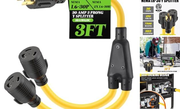 3ft L6-30 Y Splitter Compatible with NEMA L6-30p Male Plug L6-30p to 2x L6-30r