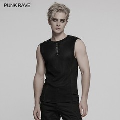 Punk Rave Men Black Gothic Cyber Punk Mesh Splicing Vest Slim Fit Casual Tops