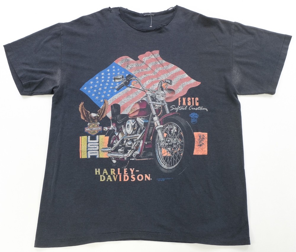 Rare VTG SSI Harley Davidson FXSTC Softail Custom 1990 Chopper Flag T Shirt 90s
