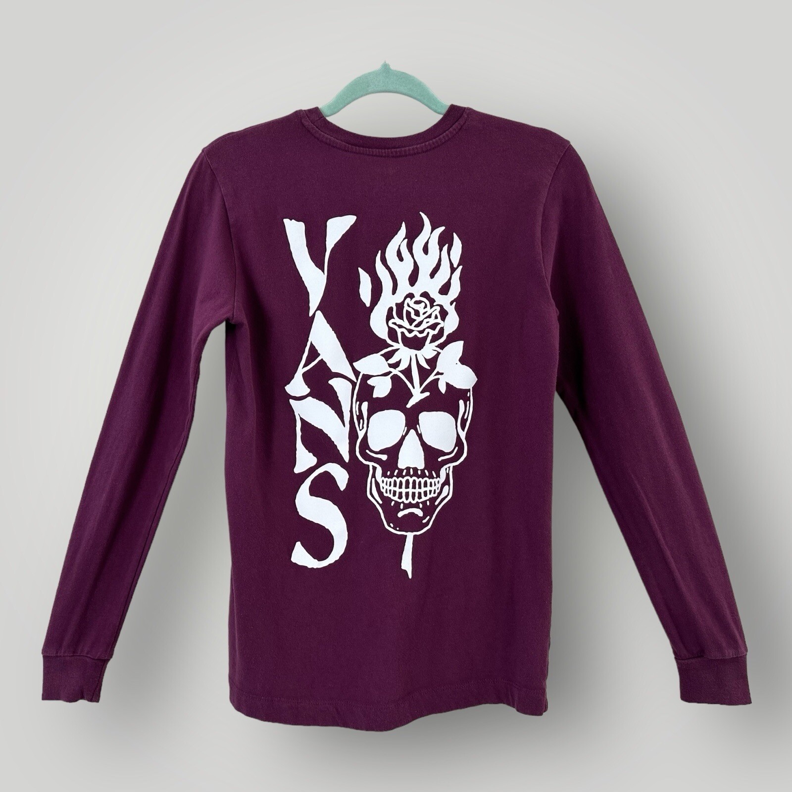 Vans Mens XS Purple Skull Rose Graphic Shirt Long Sleeve Double Sided Cotton
