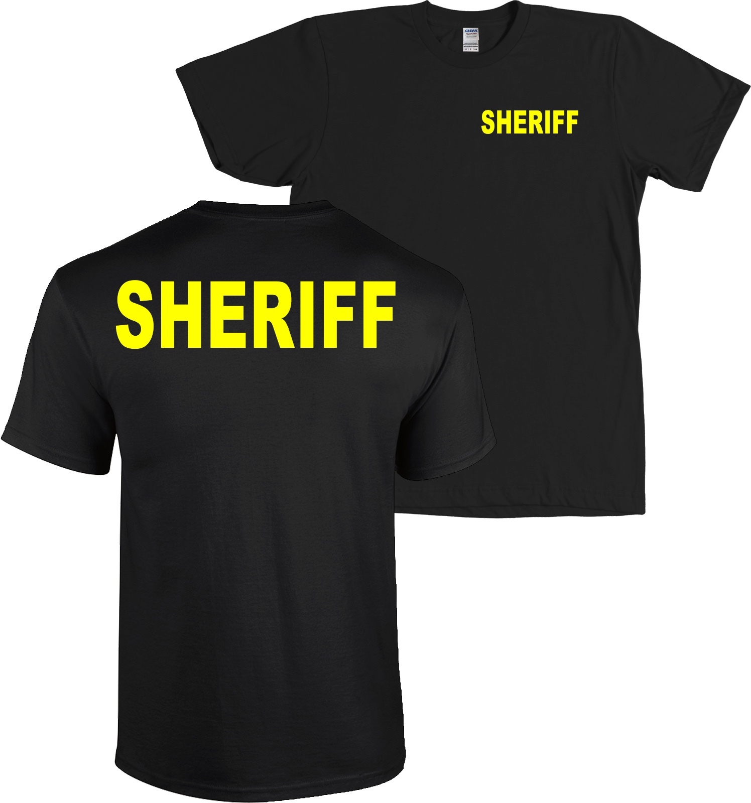 SHERIFF Front and Back T-Shirt Huge NEON YELLOW LETTERS Black – NEW