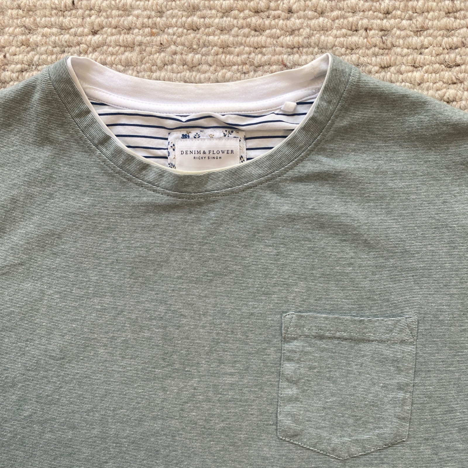 Denim & Flower Light Green White Stripe Contrasting Trim Beach Casual Men’s L gallery