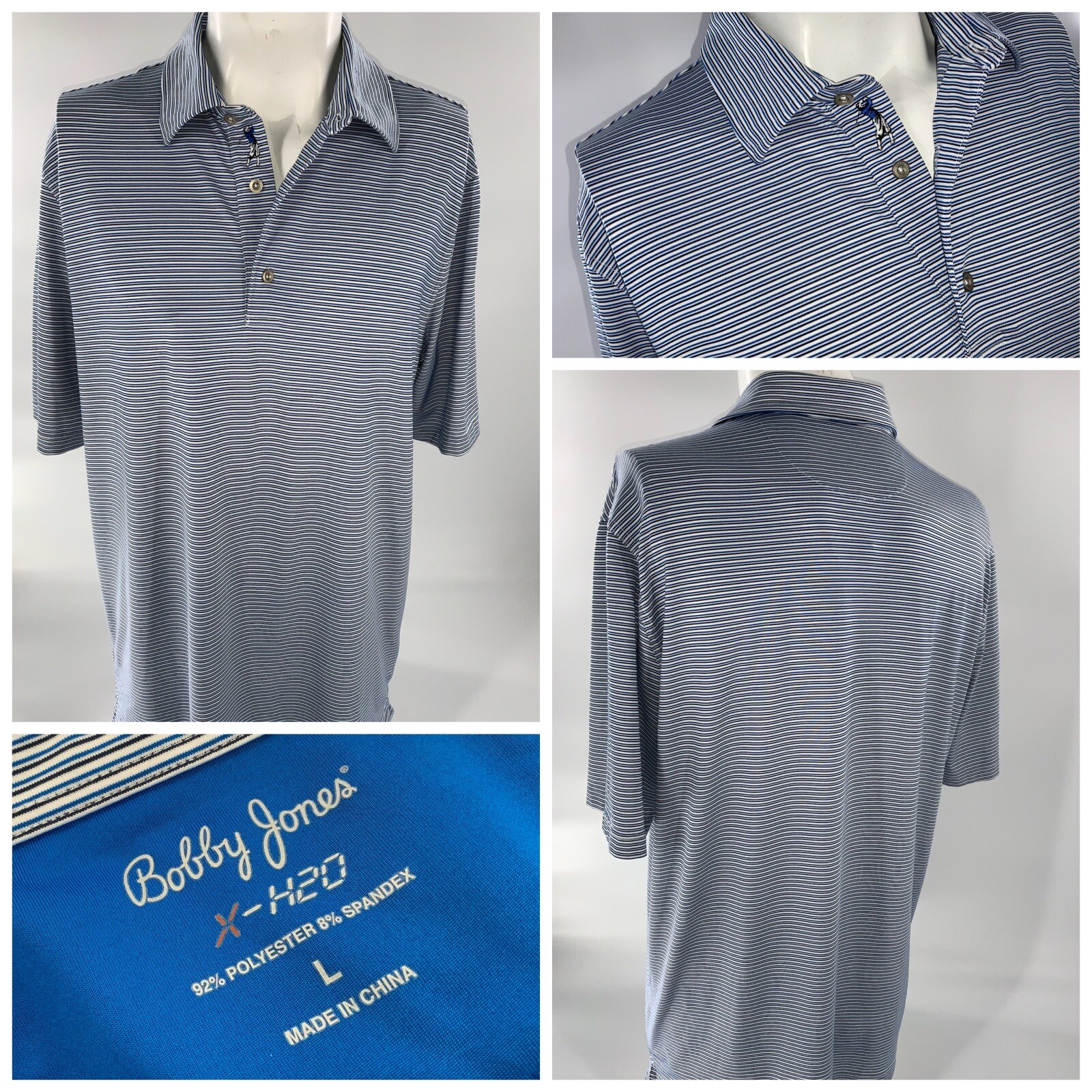 Bobby Jones X-H20 Golf Polo Shirt L Men Blue Stripe Poly Worn Once YGI F2-159