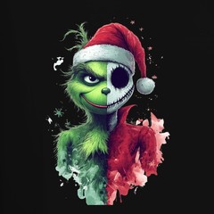 Christmas Grinch Skull Half Face Gloomy Gothic Halloween Mens T-Shirt