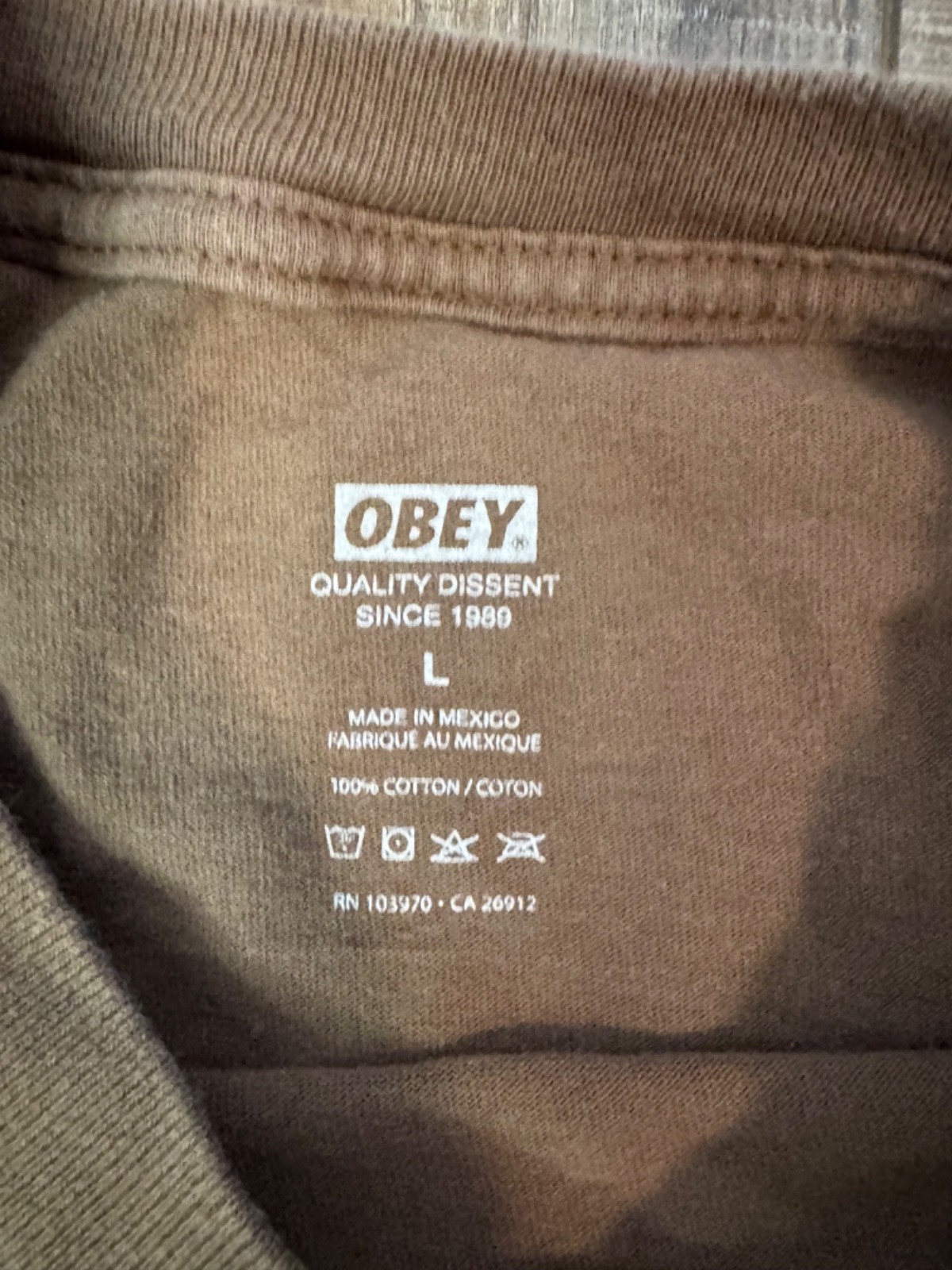Obey Worldwide Brown Short Sleeve Men's T-Shirt Blue Teal Green Logo Size Large gallery