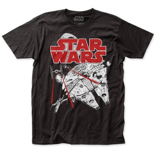 Men’s Star Wars Space Fight T-Shirt Death Star Millenium Falcon Tie Black – New