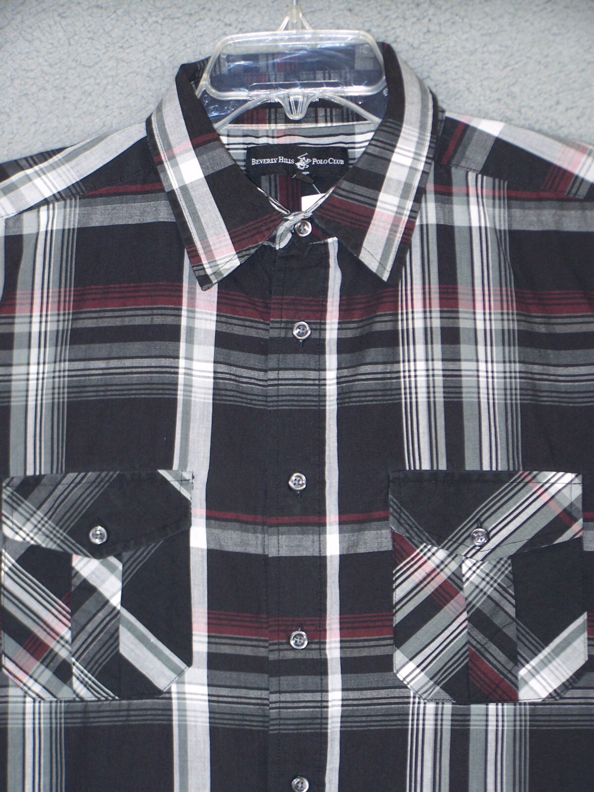 Beverly Hills Polo Club Shirt Adult Large Black Red Plaid Button Classic Men's L gallery
