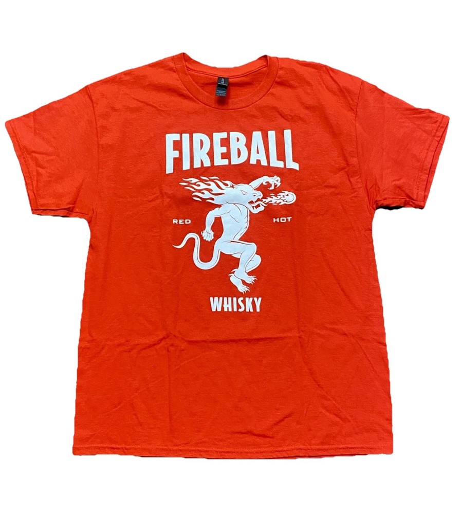 Fireball T-Shirt Large Red Cinnamon Whiskey – Party Bar Cocktail Devil LOGO NWOT