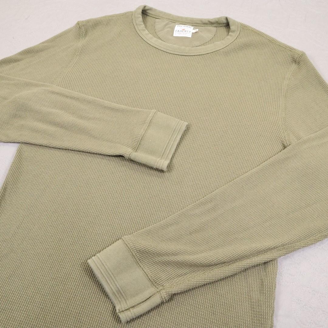 Faherty Thermal Shirt Mens Large Green Waffle Knit Long Sleeve Crewneck Pima