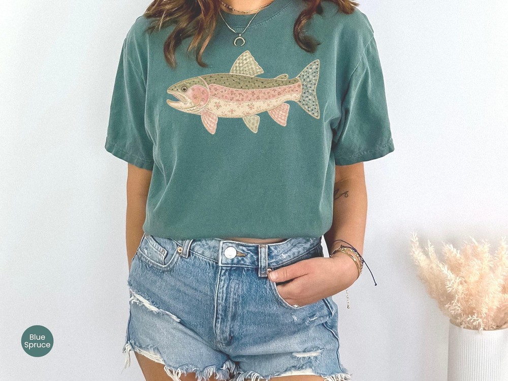 Rainbow Trout Shirt Faux Patchwork Fish Graphic Tee Fishing Lake Gift