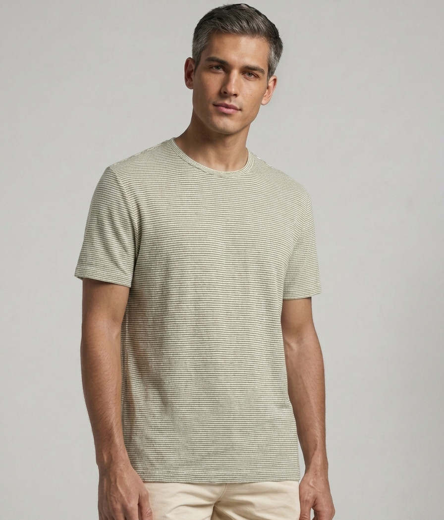 BLOOMINGDALES Shirt Mens Large Green White Stripe Pullover Crew 100% Linen gallery