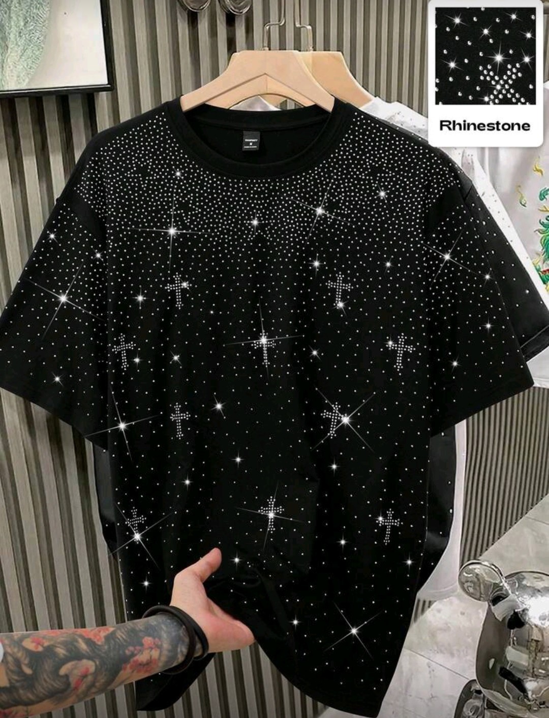 New Men Women Luxury Diamond Crosses Stars Rhinestones Fashion T-Shirt 7 Colors