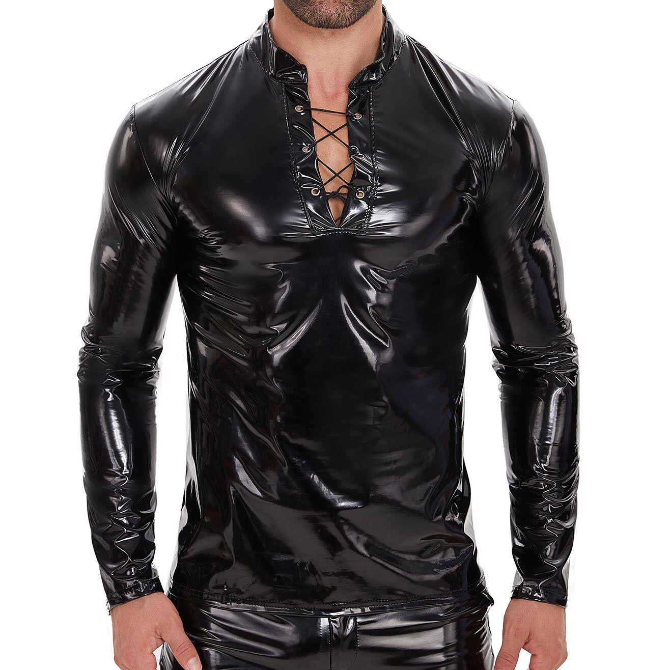 Men Shiny Latex T-shirts Wet Look PVC Leather Tops Lace-up Long Sleeve Nightclub gallery