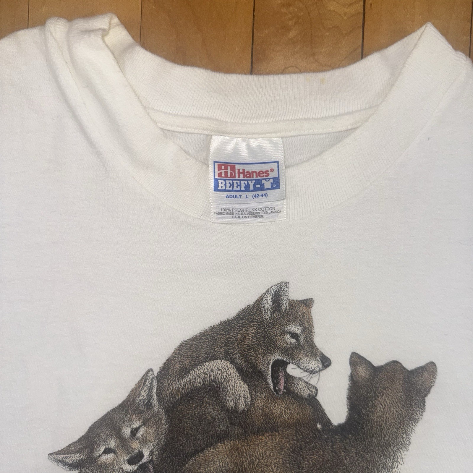 Vintage Hanes Beefy T Grey Wolf Puppies Wildlife Graphic T Shirt White Adult L gallery