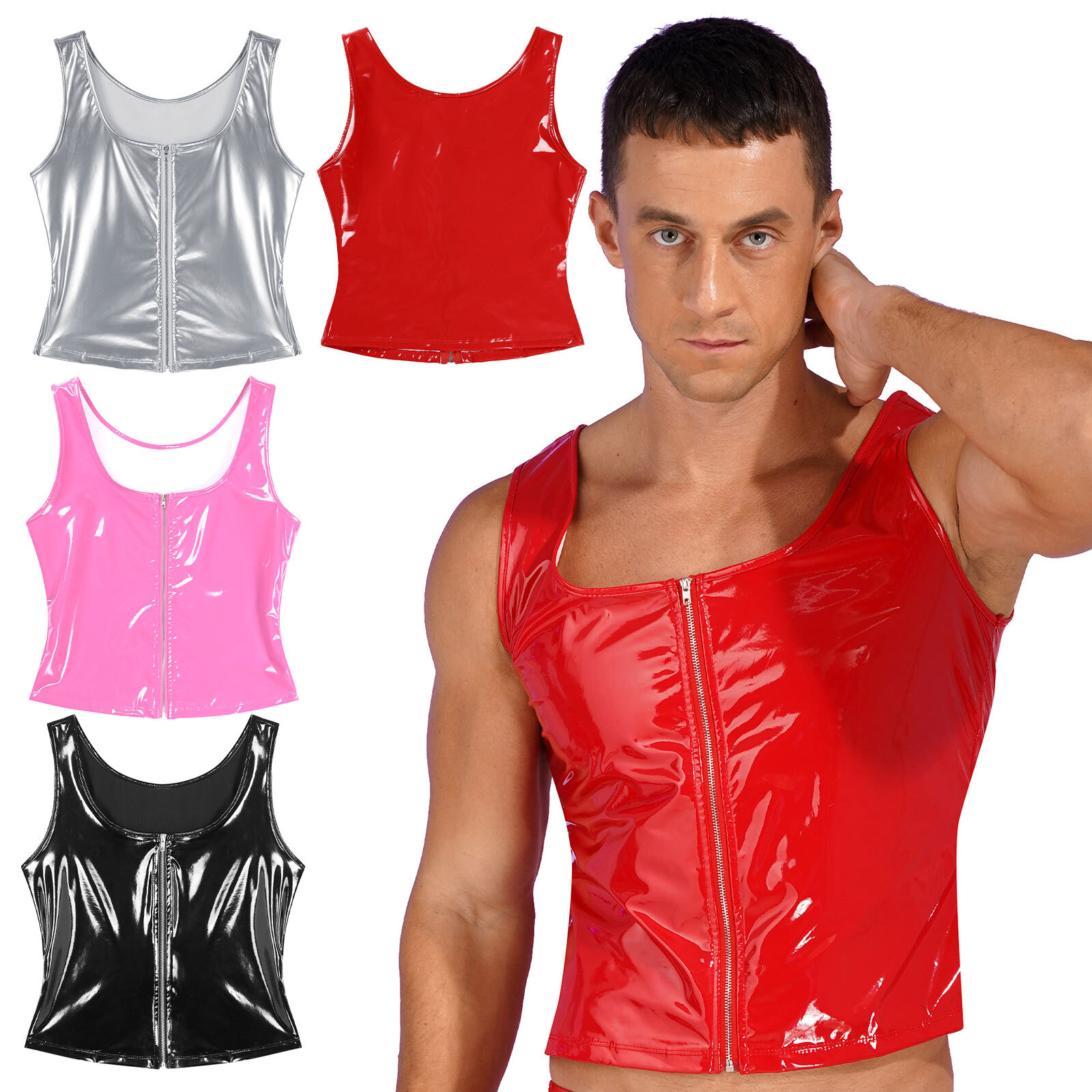 US Men WetLook PVC Leather Sleeveless Vest Shirt Zipper Tank Top Jacket Clubwear gallery