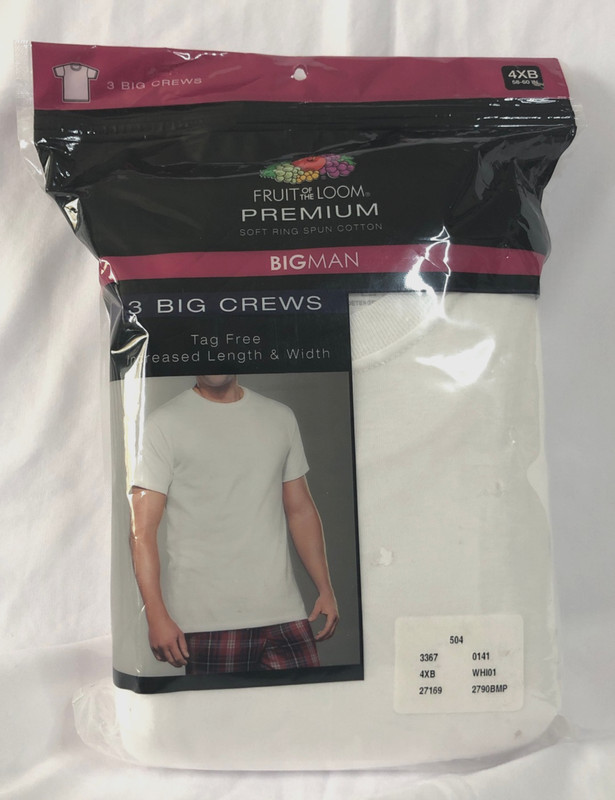 NEW Fruit Of The Loom 3 Pack White Big Man 4XB 58-60 In Crew Neck T-Shirts FOTL