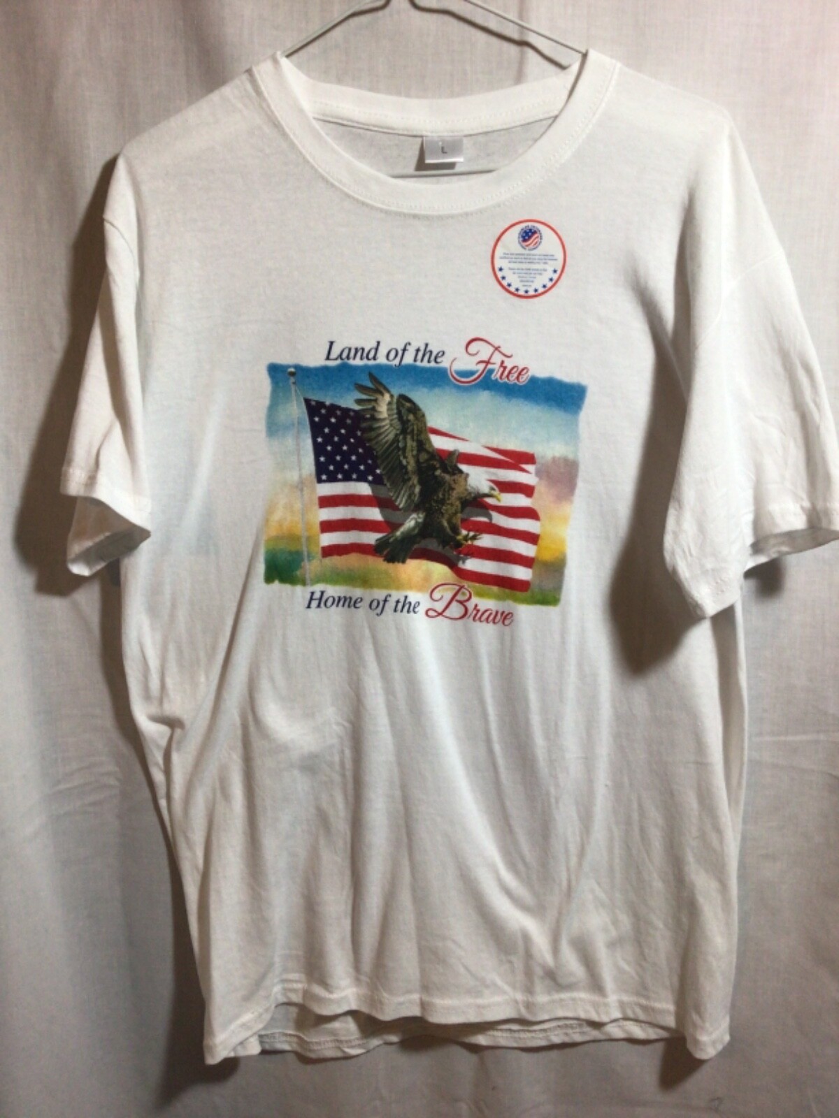 land of the Free Home of the Brave Flag/Eagle White T Shirt Disabled Veterans L
