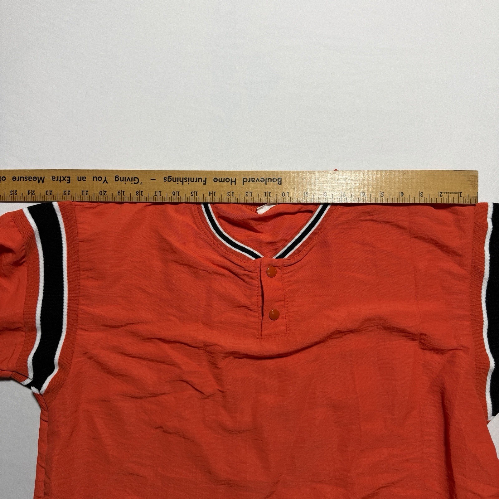 DeLong USA Vintage Nylon Pullover Shirt Medium Orange Black Stripe Drawstring gallery